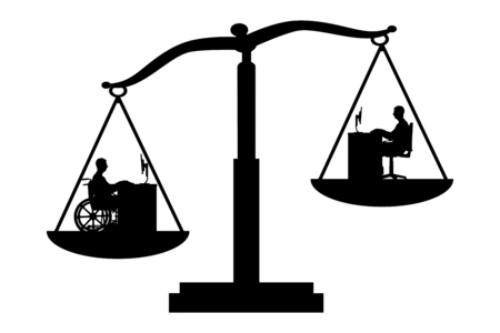 Vector silhouette of a worker disabled male in a wheelchair in priority over the employee healthy man on the scales of justice. Conceptual scene, element for designのイラスト素材