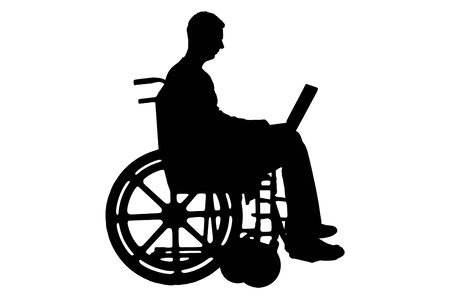 Silhouette of a man disabled in a wheelchair working with a laptop in hand on white background the Concept of employment of people with disabilitiesのイラスト素材