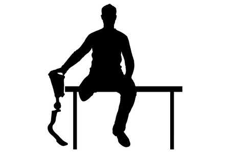 Vector silhouette of a man holding the hand of his prosthetic leg, sitting on the bench. Conceptual scene, element for designのイラスト素材