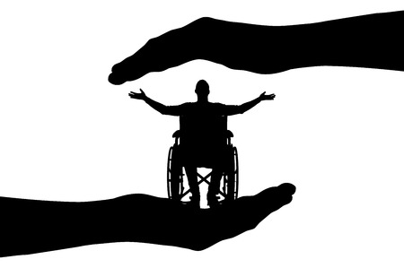 Vector silhouette happy disabled man in wheelchair in hands of help. Conceptual scene, element for designのイラスト素材