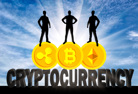 Three businessmen are standing on three coins of the crypto currency. The concept crypto currencyの写真素材