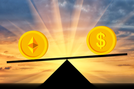 Ethereum priority, on the background of the dollar on scales. The concept of the prospects for crypto currencyの写真素材