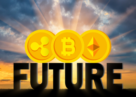 Coins Bitcoin, Ethereum, Ripple on the word future. The concept of the future behind a crypto currencyの写真素材