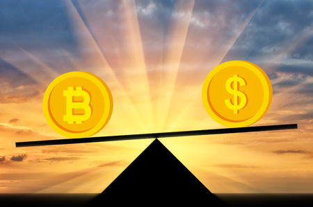 Bitcoin in priority against the background of the dollar on the scales. The concept of the prospects for crypto currencyの写真素材