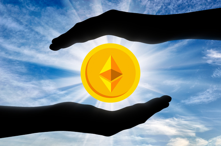 Ethereum in the hands of man. The concept of crypto currencyの写真素材