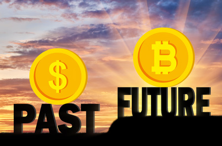 Bitcoin is more promising against the background of the dollar. The concept of future crypto currencyの写真素材