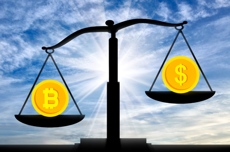 Bitcoin in priority against the background of the dollar on the scales. The concept of the prospects for crypto currencyの写真素材
