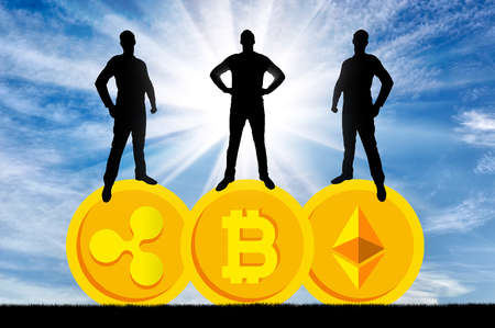 Three businessmen are standing on three coins of the crypto currency. The concept of business in the crypto currencyの写真素材