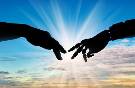 Prosthesis of the bionic hand touch the person's arm. The concept of innovative hand prostheticsの写真素材