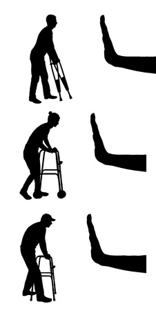 Silhouette vector of a woman and man with a walker for disabled, crutches and hand gesture stop. The concept of discrimination and disrespect for people with disabilitiesのイラスト素材