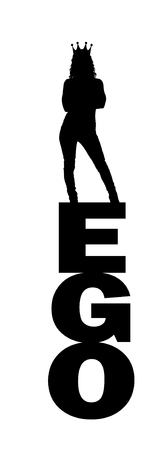 Silhouette vector of a narcissistic and selfish woman with a crown on her head standing on the word egoのイラスト素材