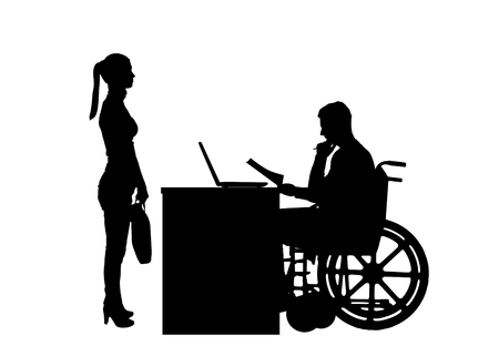 Silhouette vector of a man a businessman disabled in a wheelchair sitting at a table holds an interview with a woman about hiring a job. The concept of working disabled peopleのイラスト素材