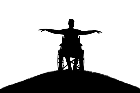 Silhouette vector of happy disabled man in wheelchair on top of hill. The concept of happy people with disabilitiesのイラスト素材