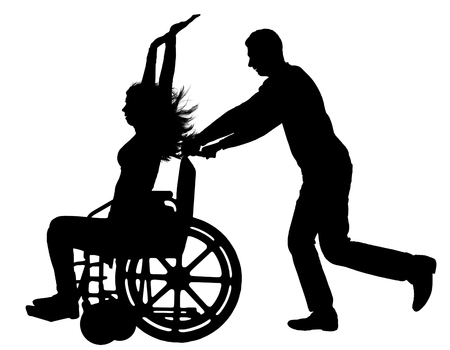 Vector silhouette disabled woman in a wheelchair is having fun with a man. The concept of the way of life of people with disabilitiesのイラスト素材