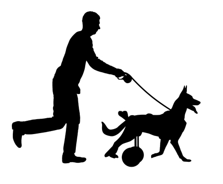 Silhouette vector Dog in a wheelchair is running with its owner. The concept of helping petsのイラスト素材