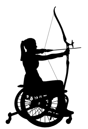 Vector silhouette of a disabled woman in a wheelchair engaged in sports archery. The concept of disabled people leading an active lifestyleのイラスト素材