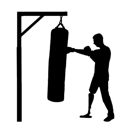 Silhouette vector of a disabled man with a leg prosthesis, engaged in boxing. The concept of disabled people leading an active lifestyleのイラスト素材