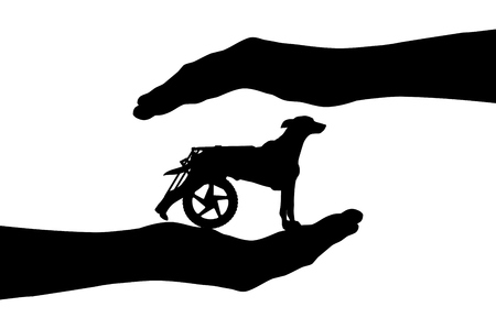 Silhouette vector of a dog in a wheelchair in the hands of a man. The concept of helping and caring animals with disabilitiesのイラスト素材