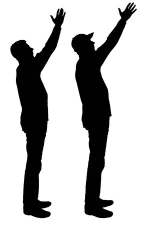 Vector silhouette of two men standing in profile with raised hand. Business concept of selection of employeesのイラスト素材