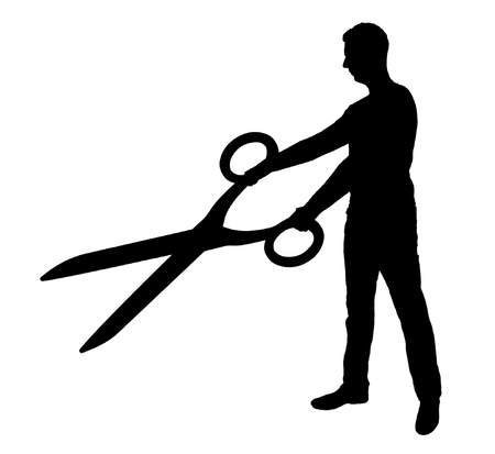 Vector silhouette of business man with scissors in hands. Business conceptのイラスト素材