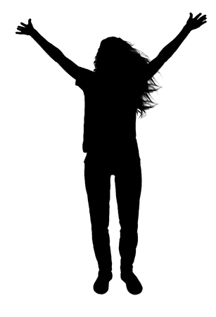 Vector silhouette of a happy woman with arms raised. The concept of success or happinessのイラスト素材