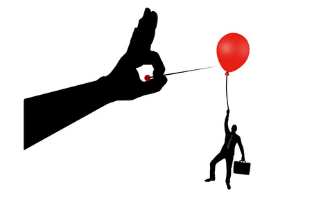 Silhouette vector of a man in the air clinging to a balloon and a hand with a needle wants to burst it. Concept of meanness and treachery in businessのイラスト素材