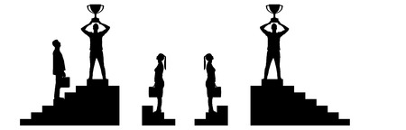 Vector silhouette of a male winner with a trophy on the career ladder against the background of a woman who has no chance of winning. The concept of gender inequality and discriminationのイラスト素材