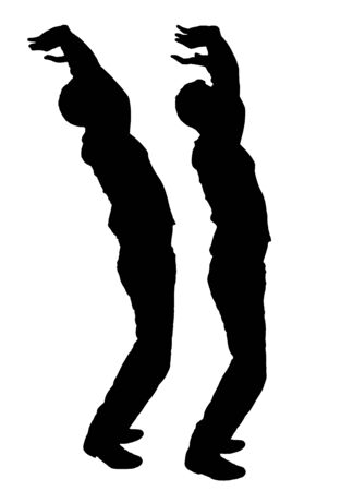 Vector silhouette of two men in profile with their hands up trying to keep something from falling. Business conceptのイラスト素材