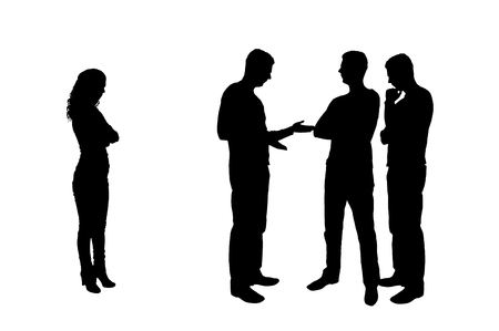 Silhouette  of male workers together at a meeting, a woman stands aside. The concept of gender inequality and discrimination in a career for womenの写真素材