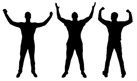  silhouette of three happy men with arms raised. Business concept of successの写真素材