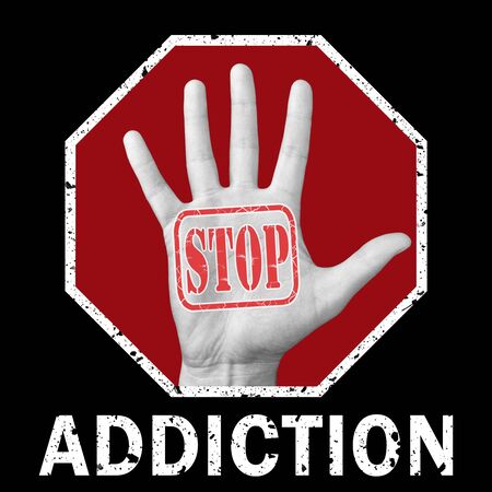 Stop addiction conceptual illustration. Global social issue. Open hand, with the text stop addiction. Social problemの写真素材