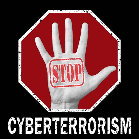 Stop cyberterrorism conceptual illustration. Open hand with the text stop cyberterrorism. Global social problemの写真素材