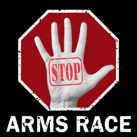 Stop arms race conceptual illustration. Open hand with the text stop arms race. Global social problemの写真素材