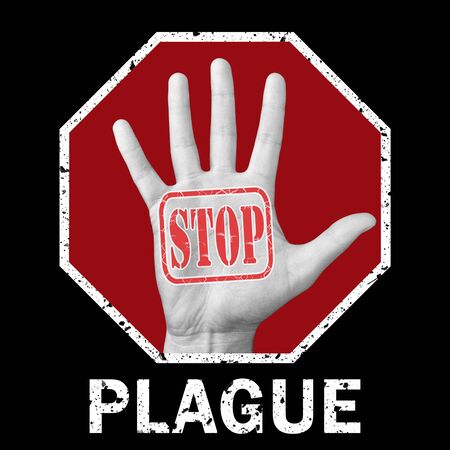 Stop plague conceptual illustration. Open hand with the text stop plagueの写真素材