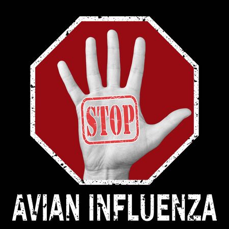 Stop avian influenza conceptual illustration. Open hand with the text stop avian influenza. Global problemの写真素材