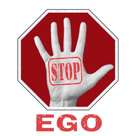 Stop ego conceptual illustration. Open hand with stop ego text on a white background. Global social issueの写真素材