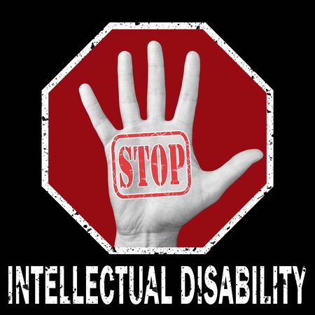 Stop intellectual disability conceptual illustration. Open hand with the text stop intellectual disability . Global social problemの写真素材