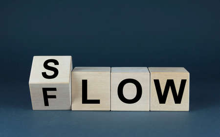 Be slow or in the flow. Cubes form words slowly on the flow. business and lifestyle conceptの写真素材