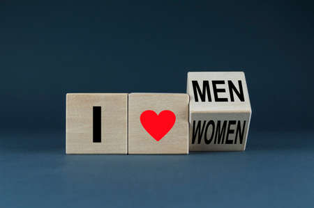 National Coming Out Day. Cubes changes expression from I love women to I love men or vice versa. Concept of gender, homosexual, lgbtq communityの写真素材