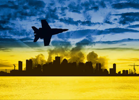 Rocket airstrikes on the cities of Ukraine. Ukrainian City in smoke against the sky in the form of a...