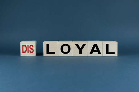 Disloyal or loyal choice. Cubes form the words disloyal or loyal. Concept of choice in attitude at work in business and everyday lifeの写真素材