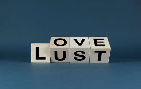 Love - lust. Cubes shape words Love lust. Concept of feelings and emotions in love.の写真素材