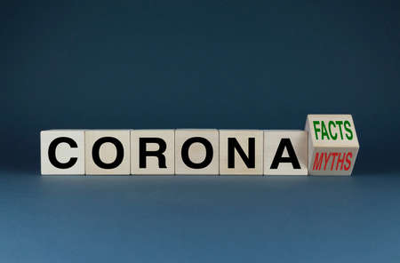Corona facts or myths. The cubes form the words corona facts or corona myths. Social Media Conceptの写真素材