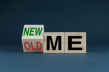 old me to new me. The cubes form the choice words Old me or New me. Concept of change, lifestyle and businessの写真素材