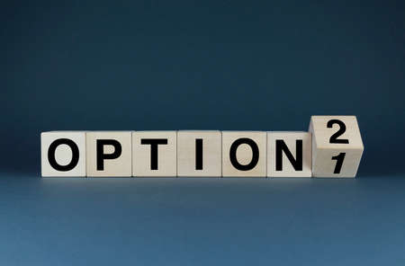 Option 1 or 2. Cubes form choice words Option 1 or Option 2. Business strategies and choosing the best solutionの写真素材