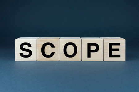 Scope. Cubes form the word Scope. An extensive concept of the word Scope used both in business and lifeの写真素材
