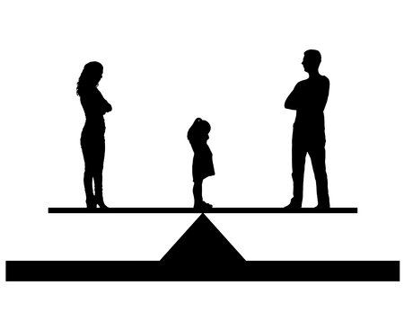 Divorce in the family. Silhouette, Vector A little sad girl crying standing between mom and dad, choosing who to stay with. Concept of divorce and division of childrenのイラスト素材