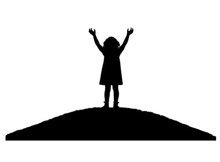Vector silhouette, a little happy girl standing on a hill with her hands up. happy childhood conceptのイラスト素材