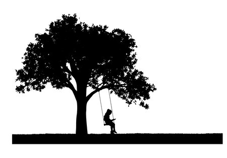 Silhouette Vector of a little girl reading a book sitting on a swing under a tree. concept image of childhoodのイラスト素材