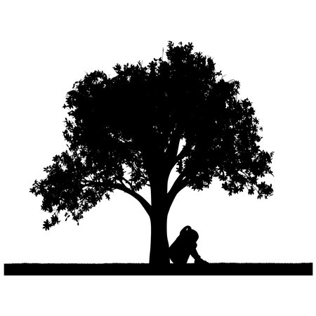 Silhouette Vector of a sad little crying girl sitting under a tree. The concept of bullying on childrenのイラスト素材